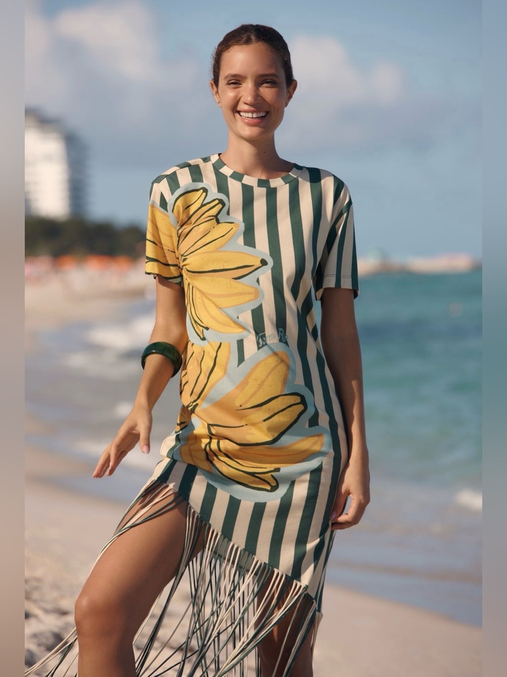Farm Rio x Anthropologie Fringed T-Shirt Dress in green stripe Sz M